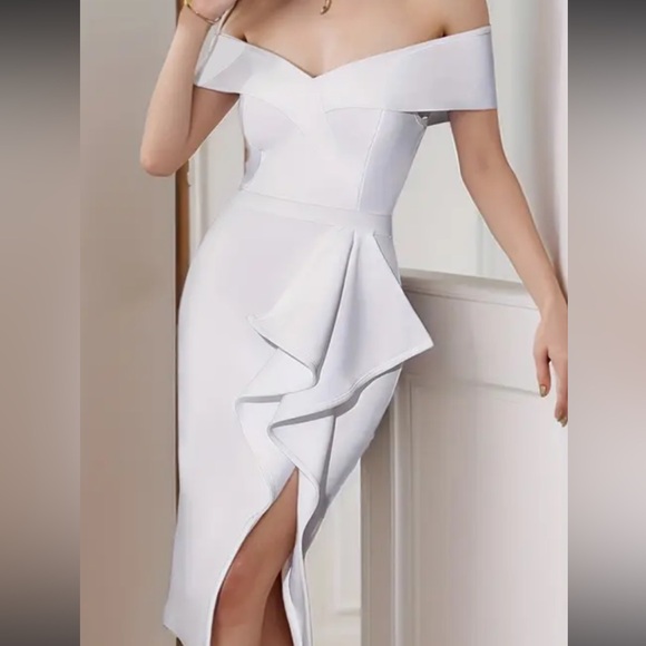Elegant White Bandage Off Shoulder Bodycon Dress Size XL - Picture 3 of 11